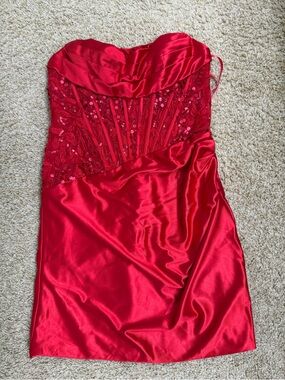 Strapless Fitted Dress with Lace Corset Bodice Ruched Skirt